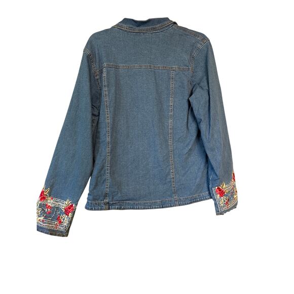 Denim & Co Embroidered Jean Jacket Blazer Floral Sleeves Floral Lining Sz M - Picture 6 of 7